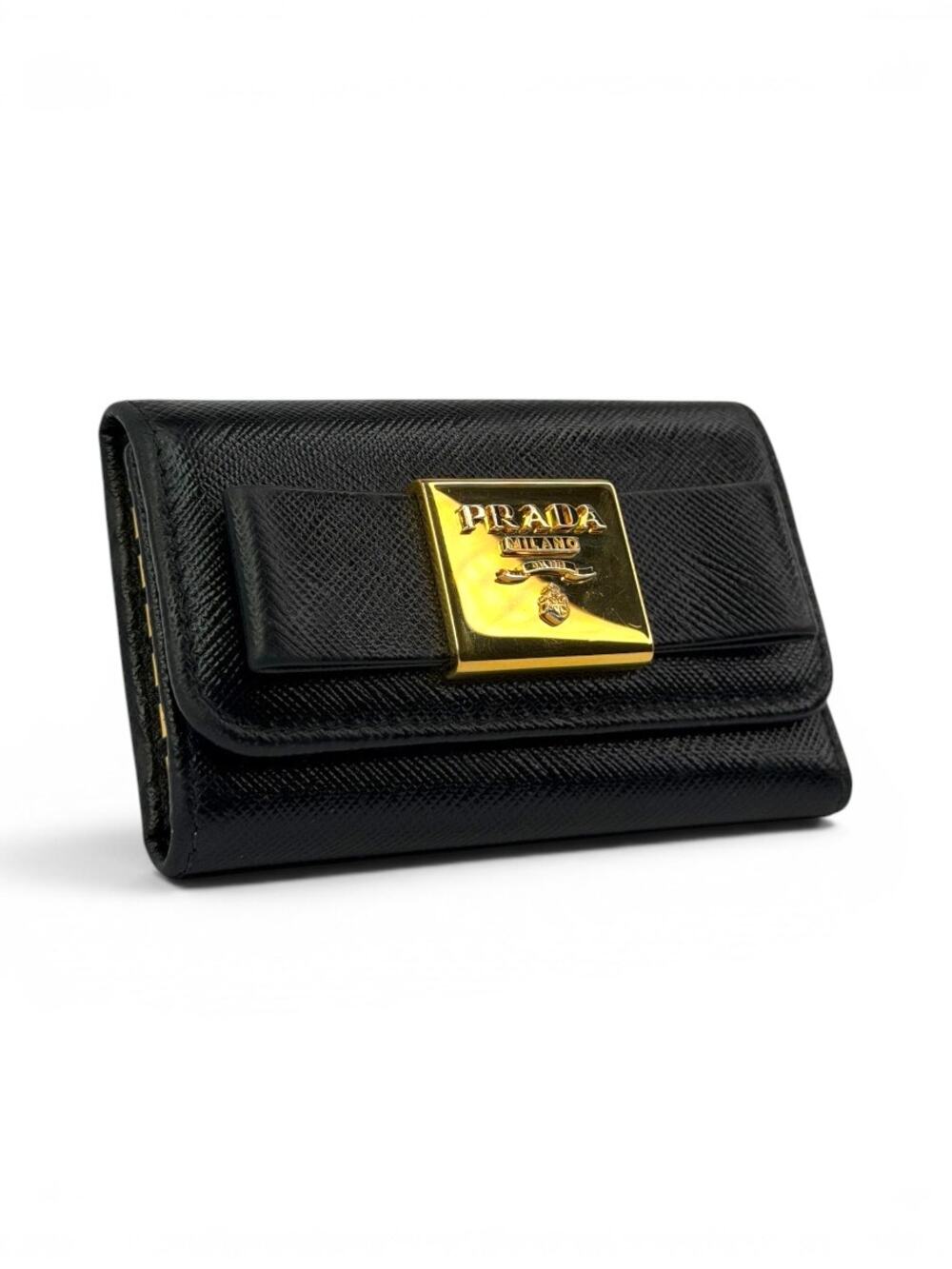 Prada Fiocco Black Saffiano Leather Bow Key Holder Key Case Gold Hardware